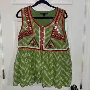 Indigo Green‎ and Red Embroidered Tank Top